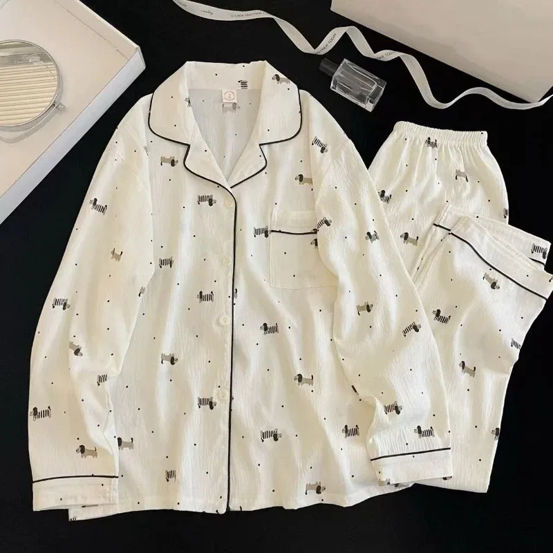 

Новое поступление осени/зимы, женские пижамы с длинными рукавами и воротником, пижамный комплект в горошек и собак, милая и мягкая одежда для дома