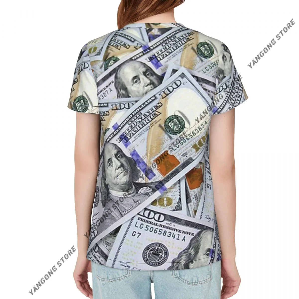 Casual Summer Woman Skinny Fit T-shirt Tight Short-Sleeve O-neck Tee Basic Hundred Dollar Bill T Shirt