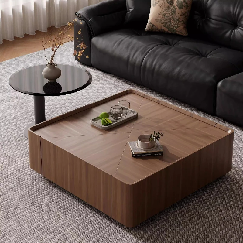 

Medieval solid wood square coffee table household living room small apartment simple modern walnut round tea table combination