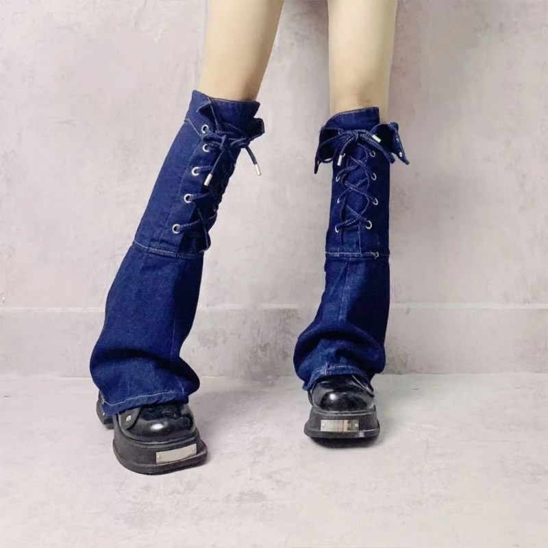 Womens 80s Punk Denims Flared Leg Warmers Lace Up Bandages Front Boot Covers Grunge Leg Sleeves Long Socks Streetwear