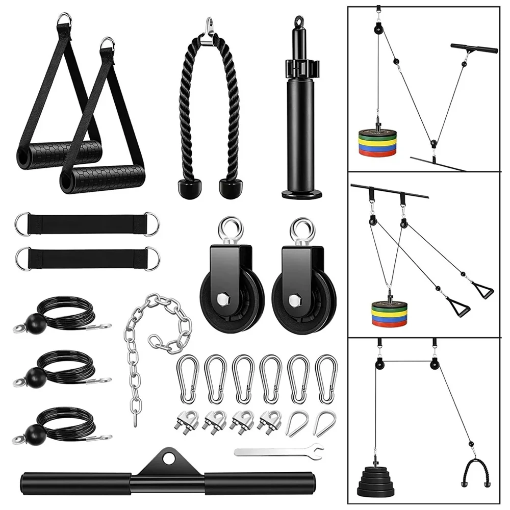 27Pcs Fitness Pulley Cable System with Dual Silent Pulleys Portable Home Gym Equipment 280 lbs Load Capacity Tricep Rope
