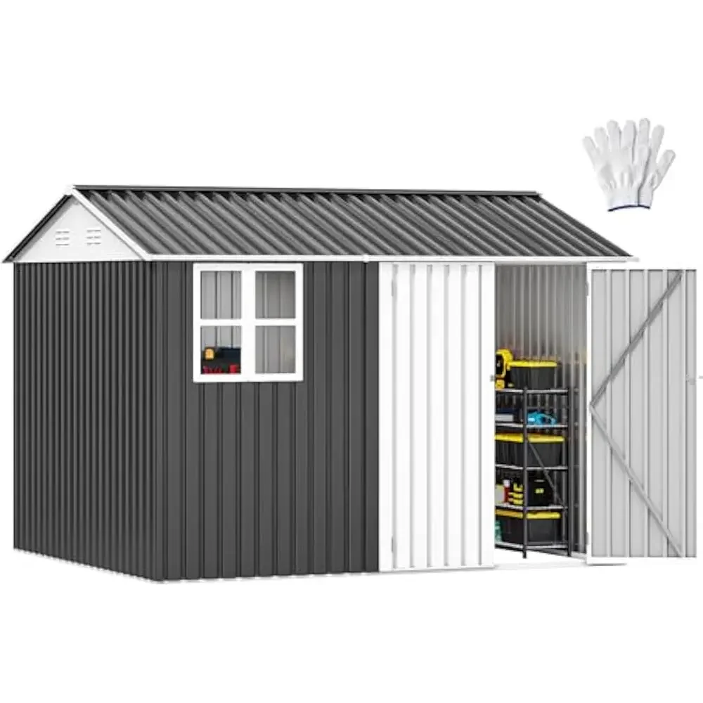 

10' x 8' Outdoor Storage Shed, Waterproof Metal Garden Sheds w/Windows, Lockable Doors & Sloped Roof for Tool Storage, Bike Shed