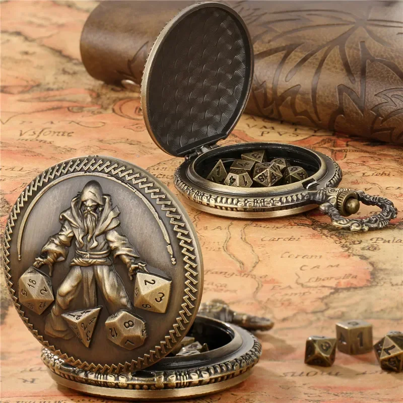 

Bronze 7pcs Tiny Polyhedral Metal Dice Set Engraved Master Pocket Watch Case with FOB Chain Entertainment Gaming Dices