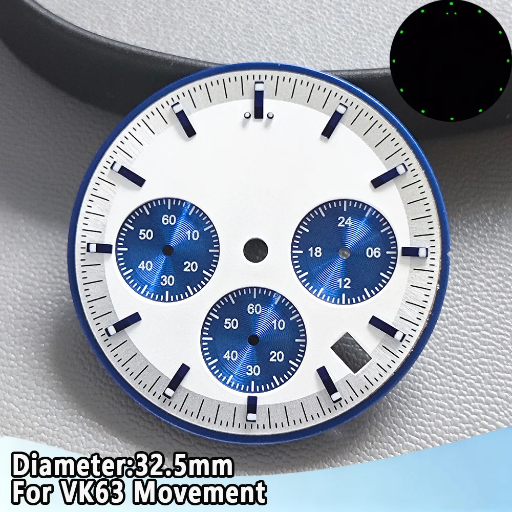 32.5mm VK63 Dial C3 Green Luminous Chronograph Dial For VK63 Movement Fit For Speed Master High Quality Wristwatch Sterile Dial