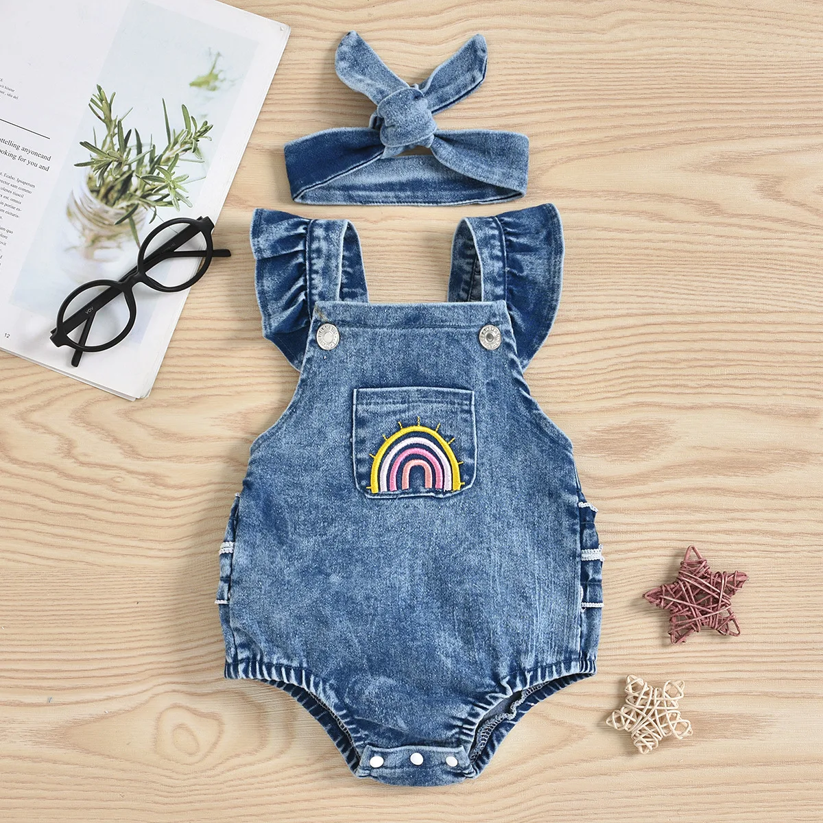 Summer Neutral Infant Denim Rainbow Embroidered Belly Pocket Romper and Headscarf Two-piece Set