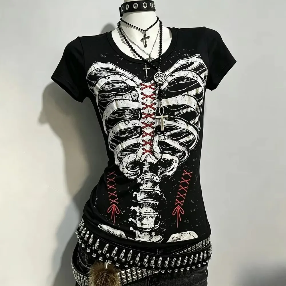 27 Distressed Skeleton Ribcage Print Women T‑Shirt Emo Goth Y2K Short Sleeve Tee