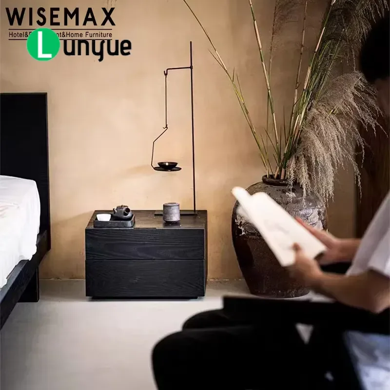 Modern Black Solid Wood Bedside Table with 2 Drawers for Home Bedroom Hotel Villa Apartment Furniture Nightstand Storage