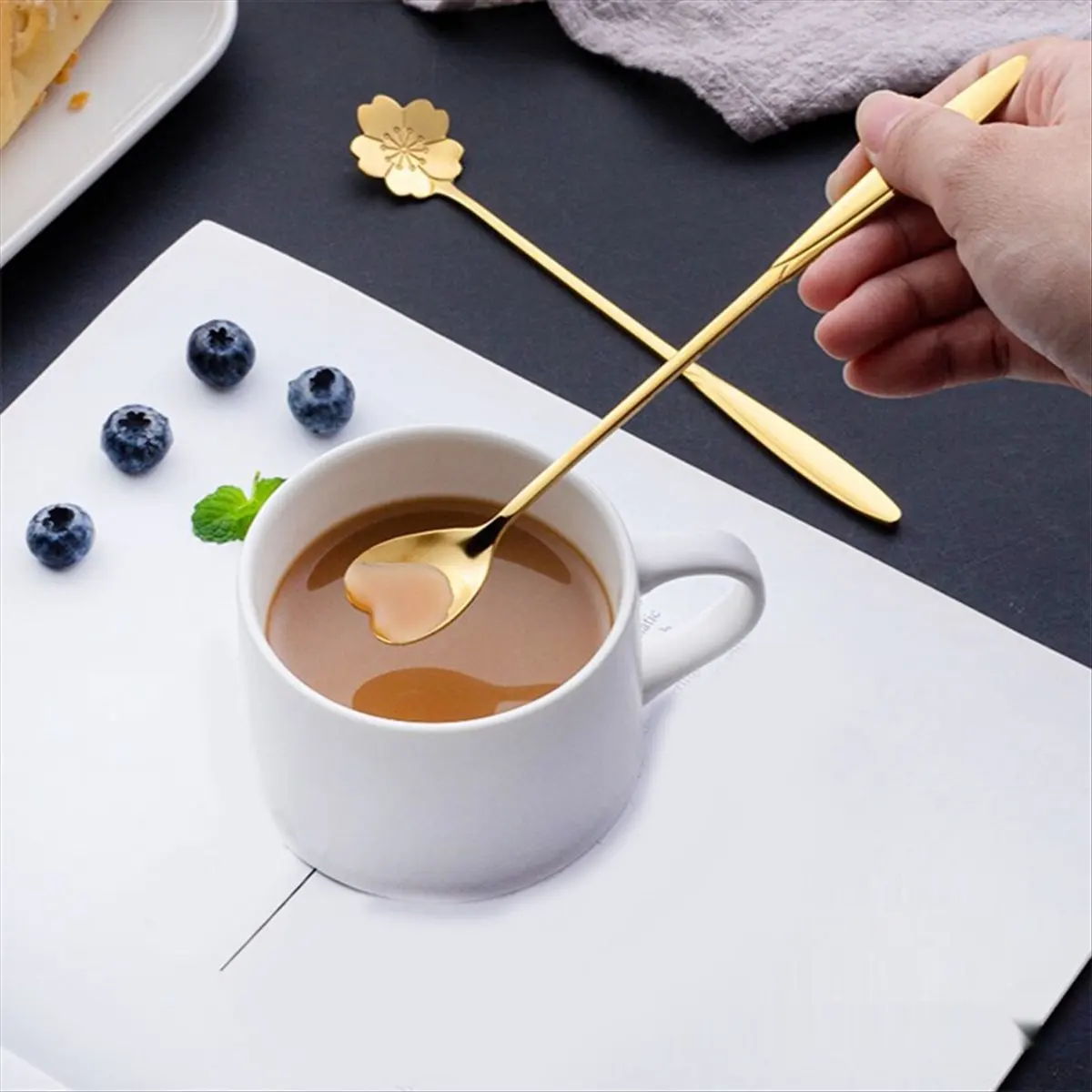 Stainless Steel Cherry Flower Gold Scoop Coffee Spoon Gift Kitchen Dessert Tea Accessories Tableware Decoration Set 13Cm &LICG