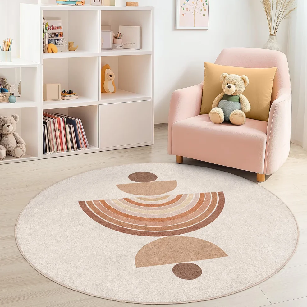Round Kids Room Cute Geometric Theme Area Rug Rainbow Cloud Mat Non Slip Soft Safe Stylish for Bedroom Playroom Home Decor