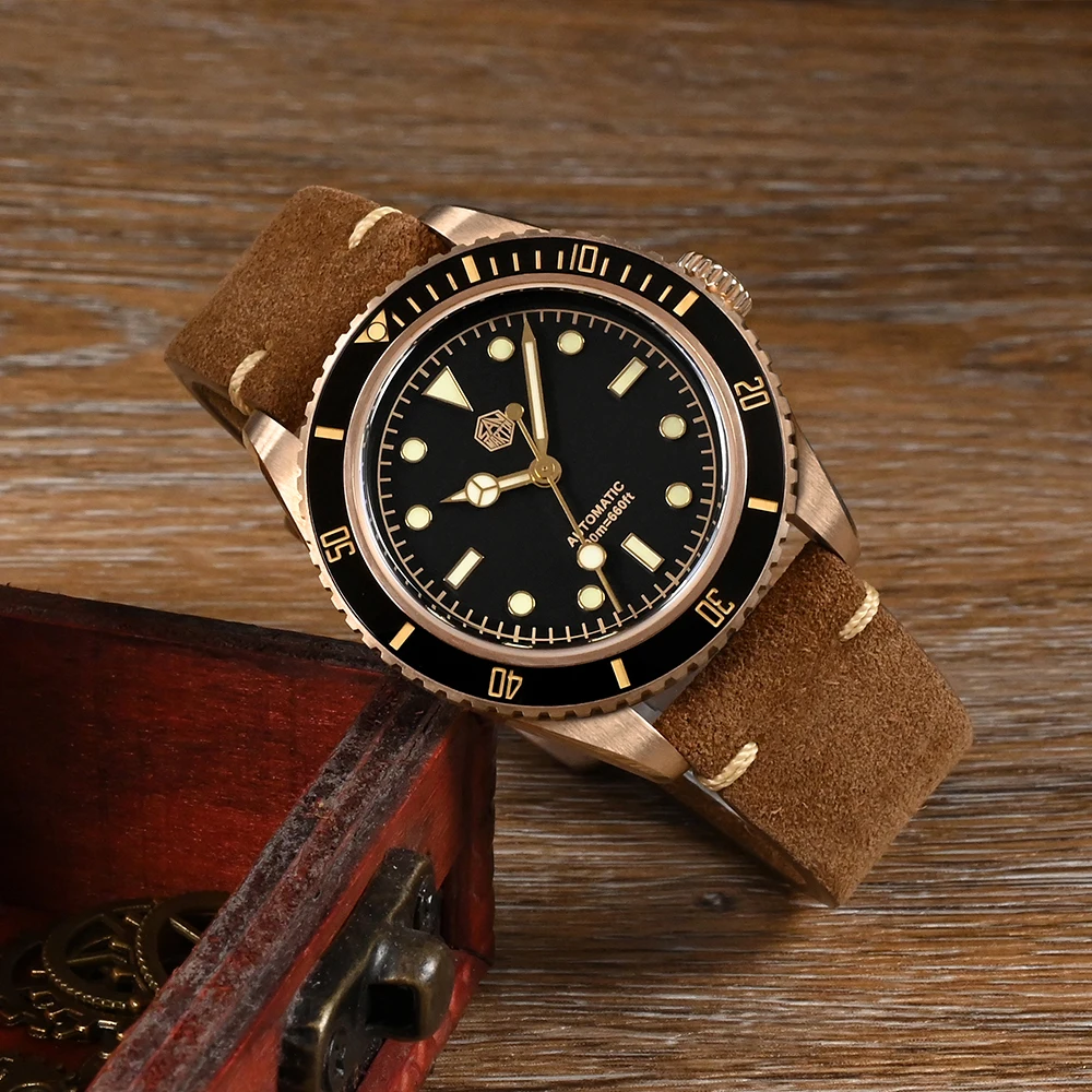 San Martin 38mm Vintage 6200 CuSn8 Bronze Diver Luxury Men Watch PT5000 SW200 Sapphire Automatic Mechanical 20Bar Leather Strap