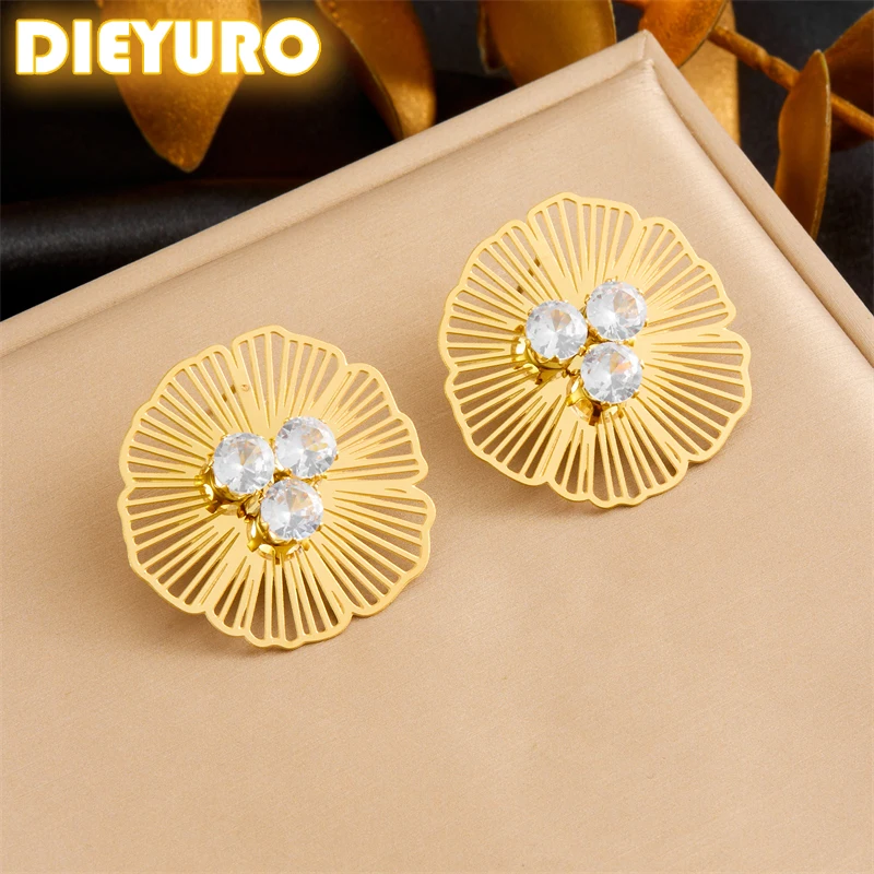 DIEYURO 316L fiore cavo in acciaio inossidabile intarsiato con orecchini in zircone moda donna nuova corrente orecchio gioielli signora regalo festa