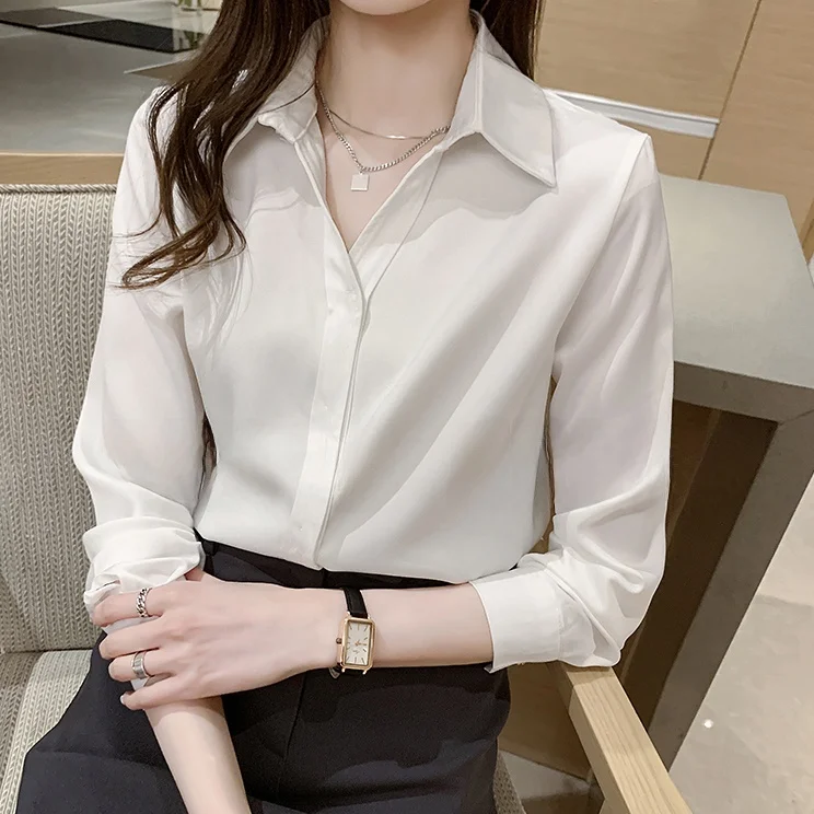 White Loose Long Sleeve V-Neck Anti-Wrinkle Shirt for Women Autumn New Style Korean Version Straight Cut Workwear Professional