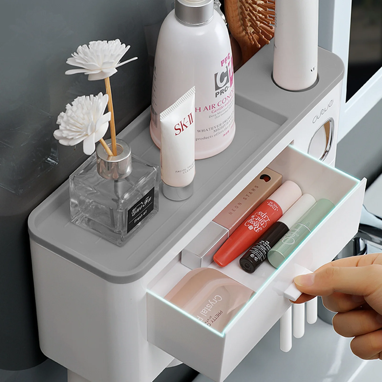 Bathroom Toothbrush Holder Wall Mounted Bathroom Storage Rack Double Automatic Toothpaste Dispenser with Magnetic Cups