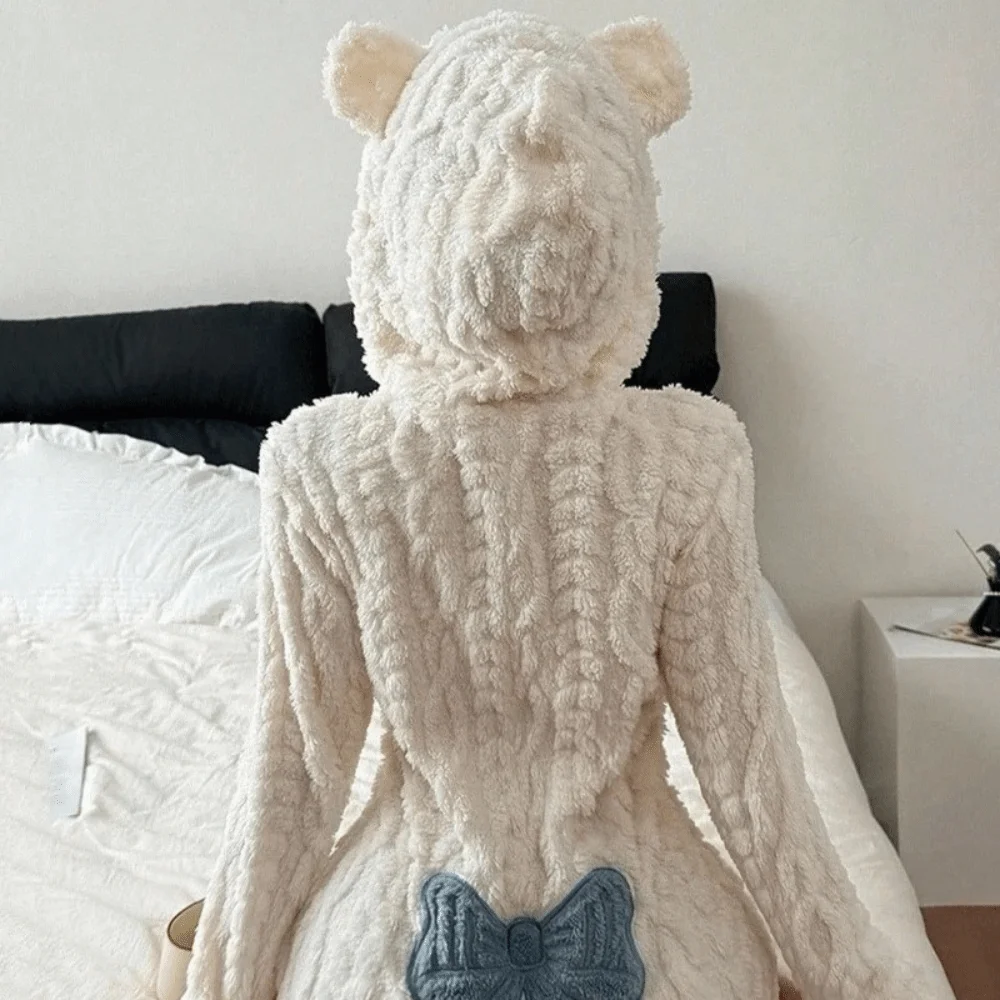 Gemütlicher Kapuzen-Overall, Schlafanzug, langärmelig, mit Schleife, Plüsch-Overall, Pyjama, Bärenohren, warmer, einteiliger Pyjama, Nachtwäsche – Detail 7