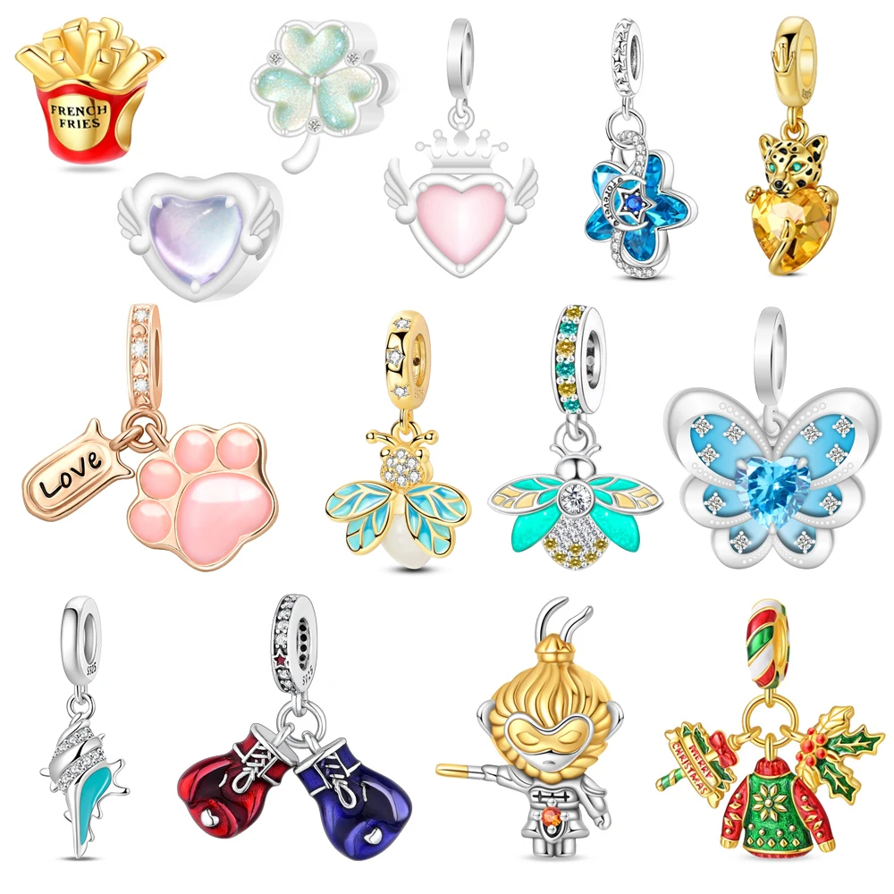 Sparkling 925 Sterling Silver French Fries Beads & Ladybug & Firefly Dangle Charm Fit Bracelet Fine Jewelry Gifts