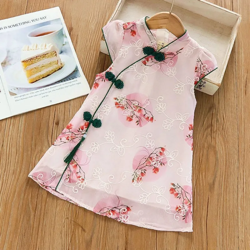 Crianças meninas vestido de verão estilo chinês hanfu cheongsam vestido infantil bebê menina princesa vestido