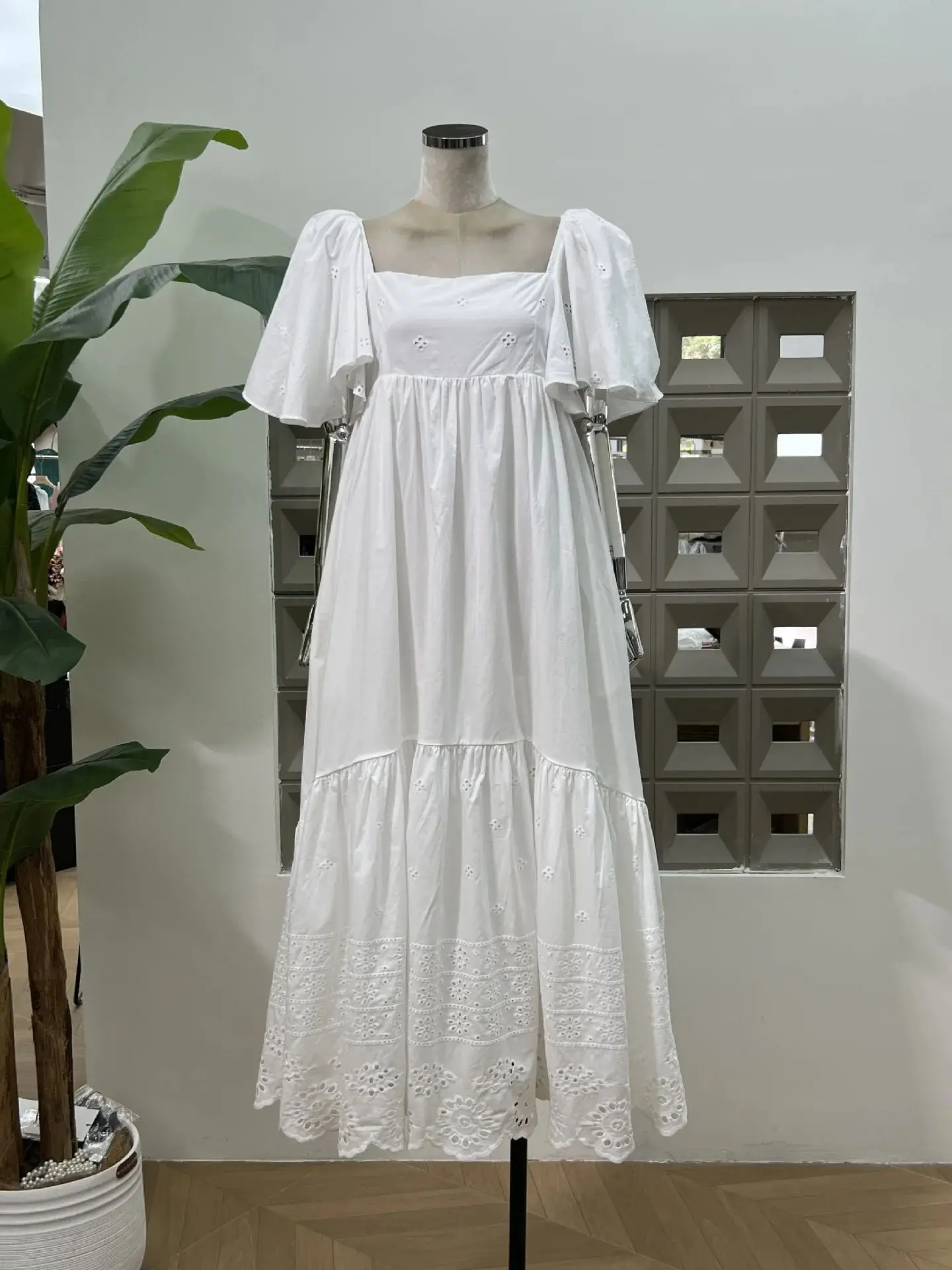 Nuevos vestidos largos de mujer otoño estilo francés algodón bordado un hombro manga corta cintura alta fiesta cóctel vestido de noche