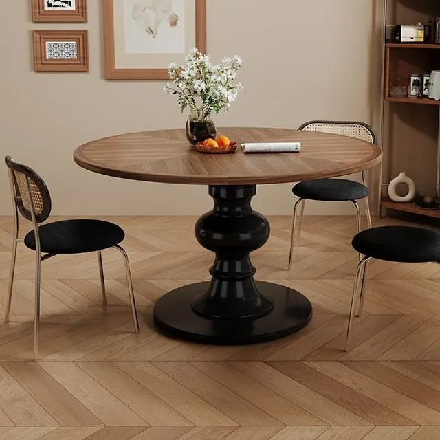 French retro round dining table solid wood American medium and ancient style household small apartment black high-end sense