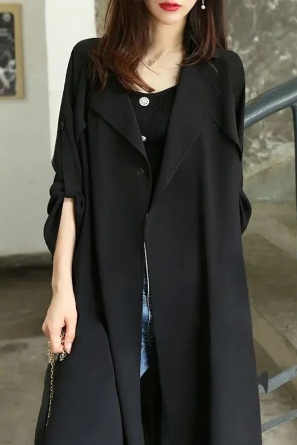 

Black Female Trench Coat Winter All-Match Outfit Baggy Trenches Bf Zip-Up Two-Button Petite Detachable Season Cuff Punk Gothic