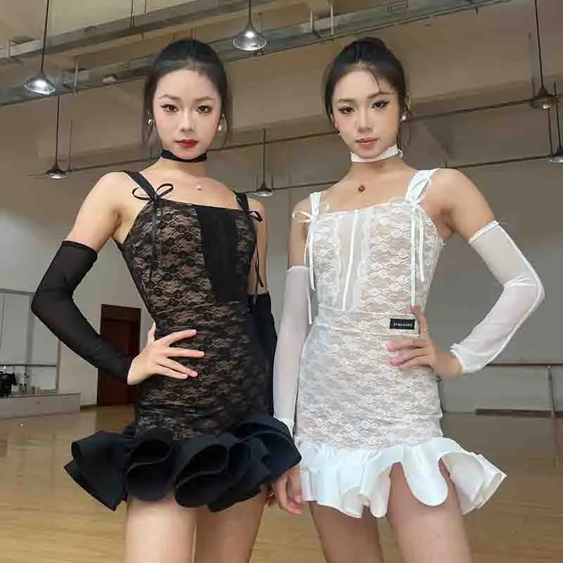 Latin Dance Clothes Women White Black Lace Dress Sets Club Club Samba Tango Dance Practice Clothing Competition Dress DNV22423