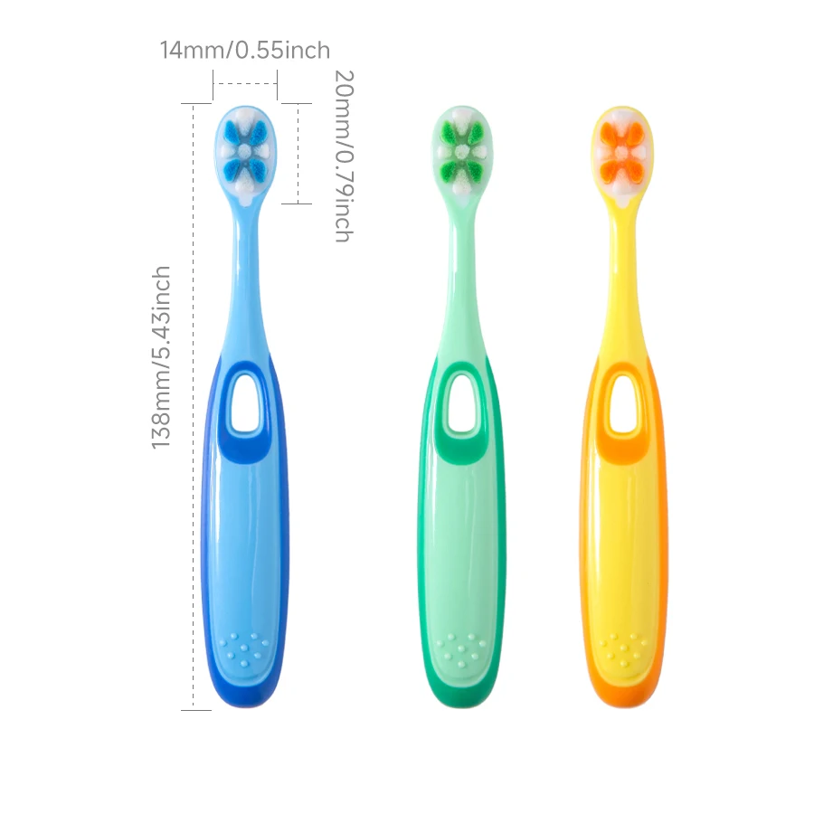 Children 3-12 years old ten thousand hair soft bristle toothbrush three colors available. Brush head with dust jacket