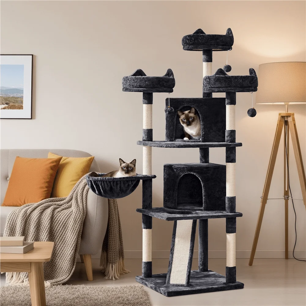 

Многоуровневый кошачий комплекс высотой 69 дюймов: большой домик для кошек с гнездами, платформами, подвесными шариками и когтеточкой/столбиками