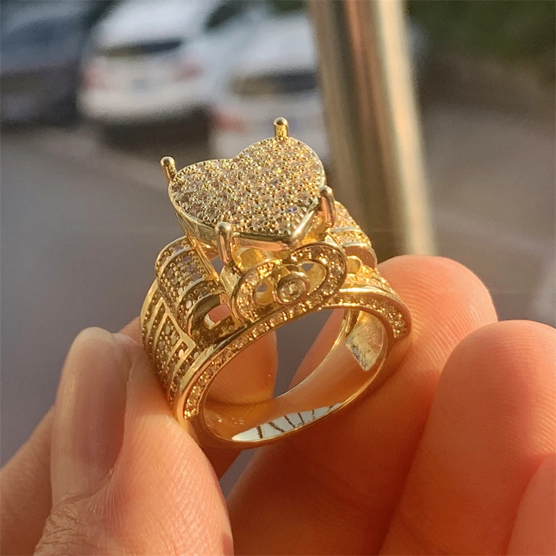 New 14K Gold Filled Exquisite Big Heart Ring Micro Pave Cubic Diamond Ring Fully Iced Out Bling Hip Hop Punk Men Women Jewelry