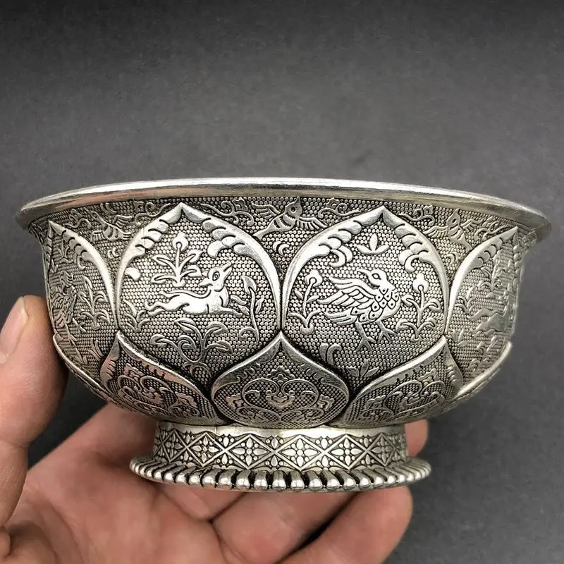 Hand Carved Silver Gilt Patina Old Collection Antique Bronze Bowl Vintage Wild Goose Mandarin Duck Treasure Basin Statue