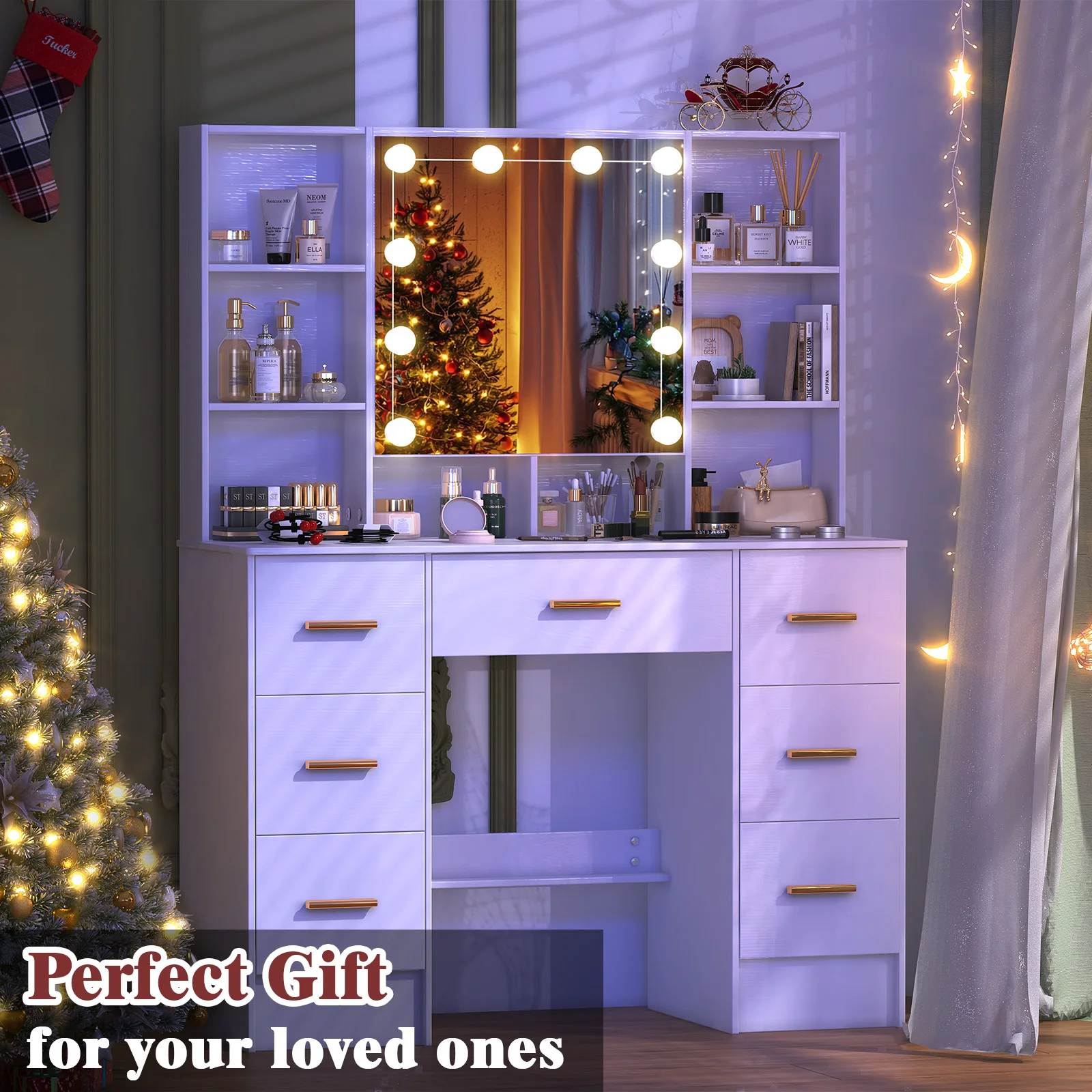 مكياج خشبي منخفض مع مرآة مضاءة: 3 أوضاع إضاءة وأدراج وأرفف منزلقة #5