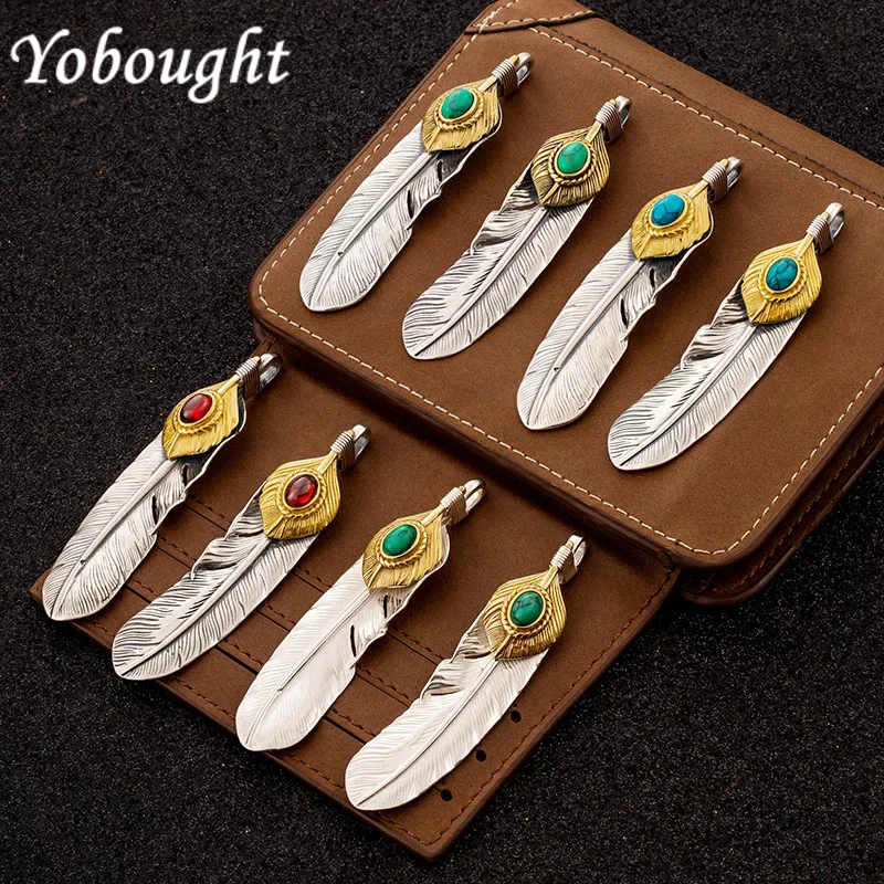 S925 Sterling Silver Indian Feather Pendant For Men And Women Personalized Set With Turquoise Dotted Gold Retro Vintage Hip-Hop