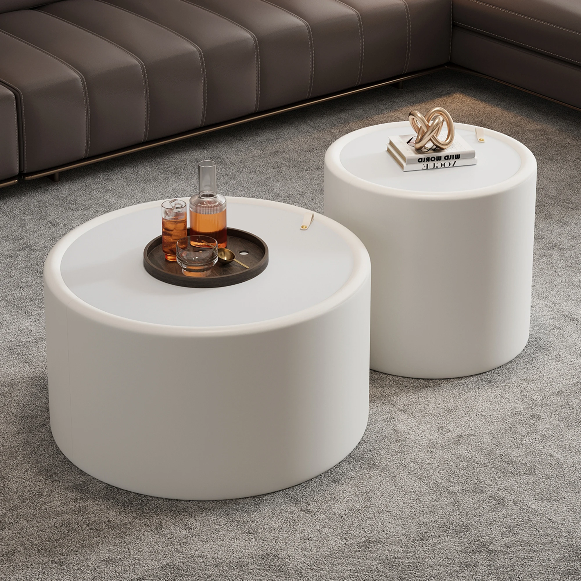 White Round Coffee Table with Tempered Glass Top, PU Leather Body & Hidden Storage for Living Room, Modern Accent Table