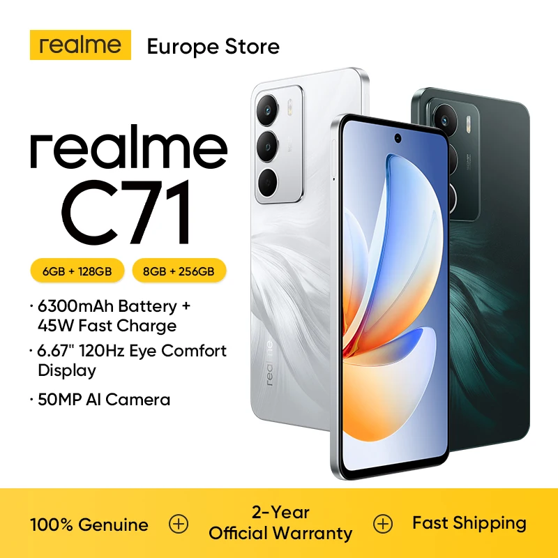 Smartphone realme C71, 6 Go + 128 Go, version globale, batterie 6300 mAh, charge rapide 45 W, design léger et design lumineux