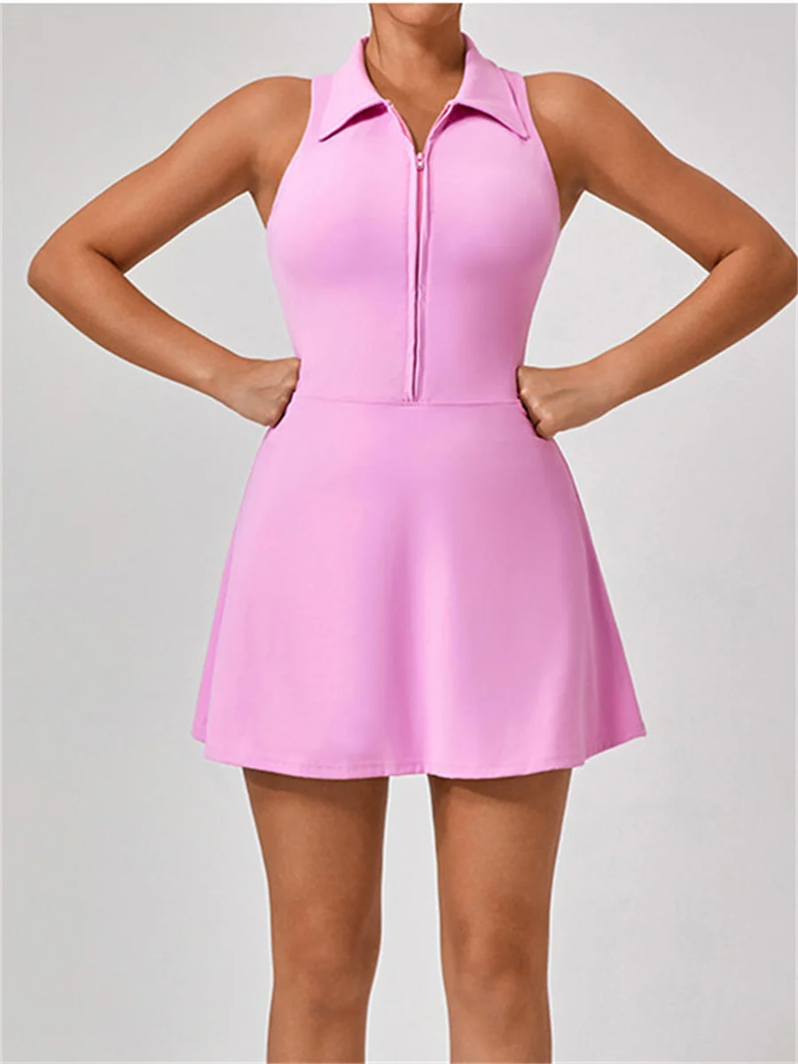 Women's Tennis Dress Women Turn Down Collar Front Zipper 2-in-1 Golf Sports Tight Dress Fitness Workout Running Pocket Skort