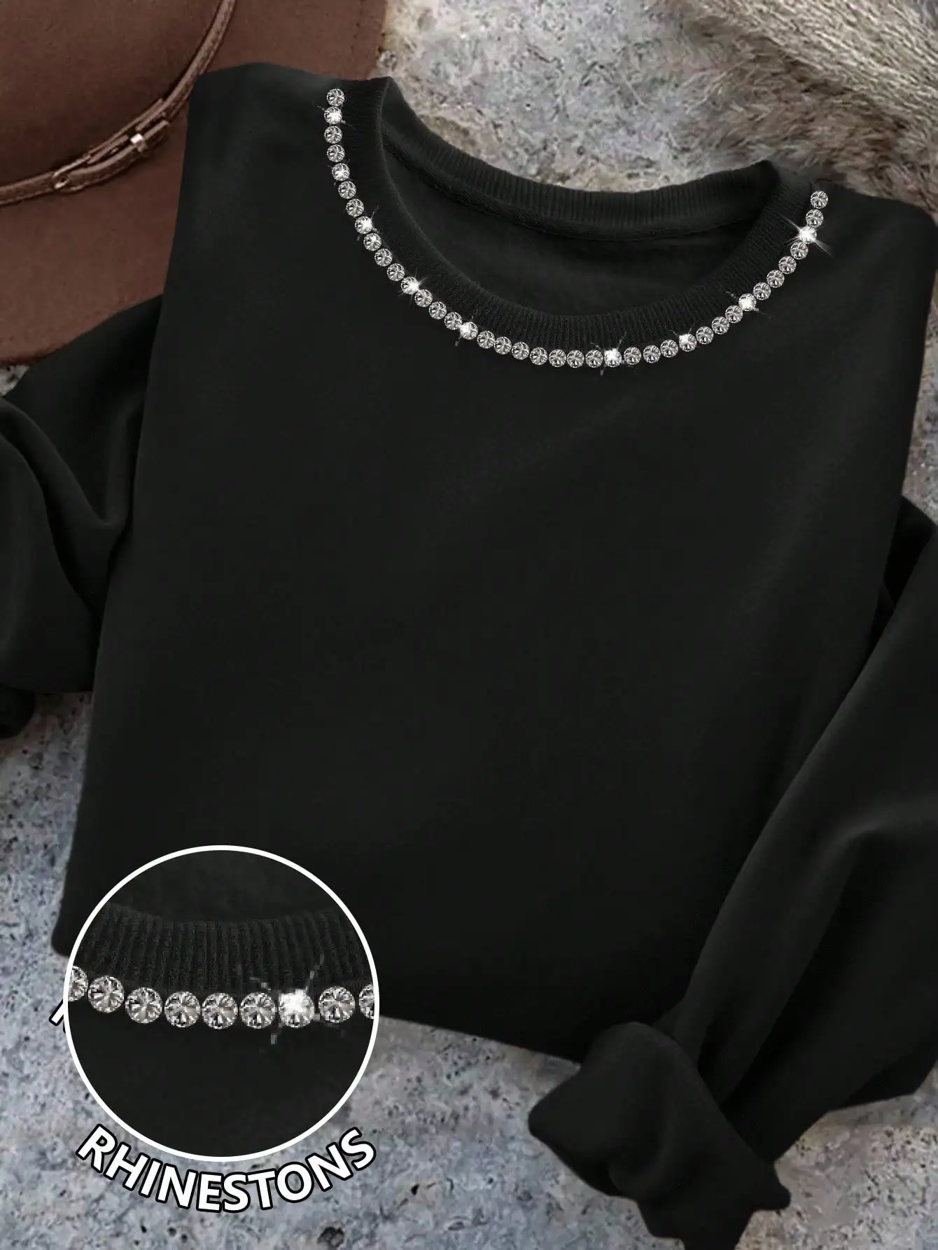 

Женская повседневная толстовка с круглым вырезом и стразами для осени и зимы, черная, с длинным рукавом