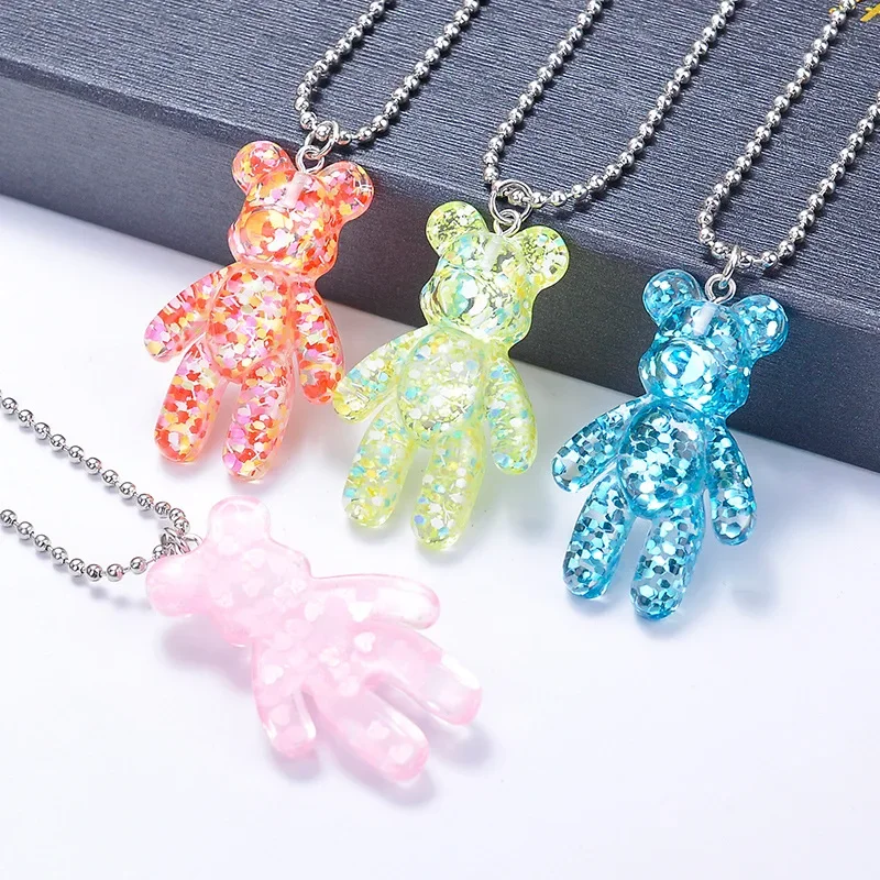 Cute Fashion Cartoon Resin Jelly Bear Pendant Women Necklace Ball Beads Chain Choker Jewelry Girl Party Gift