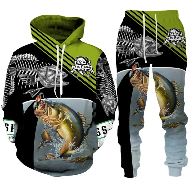 Fish Set Hoodie pria motif 3D, Pullover ukuran besar lengan panjang, pakaian olahraga luar ruangan, busana memancing Kasual kamuflase, gambar 3D