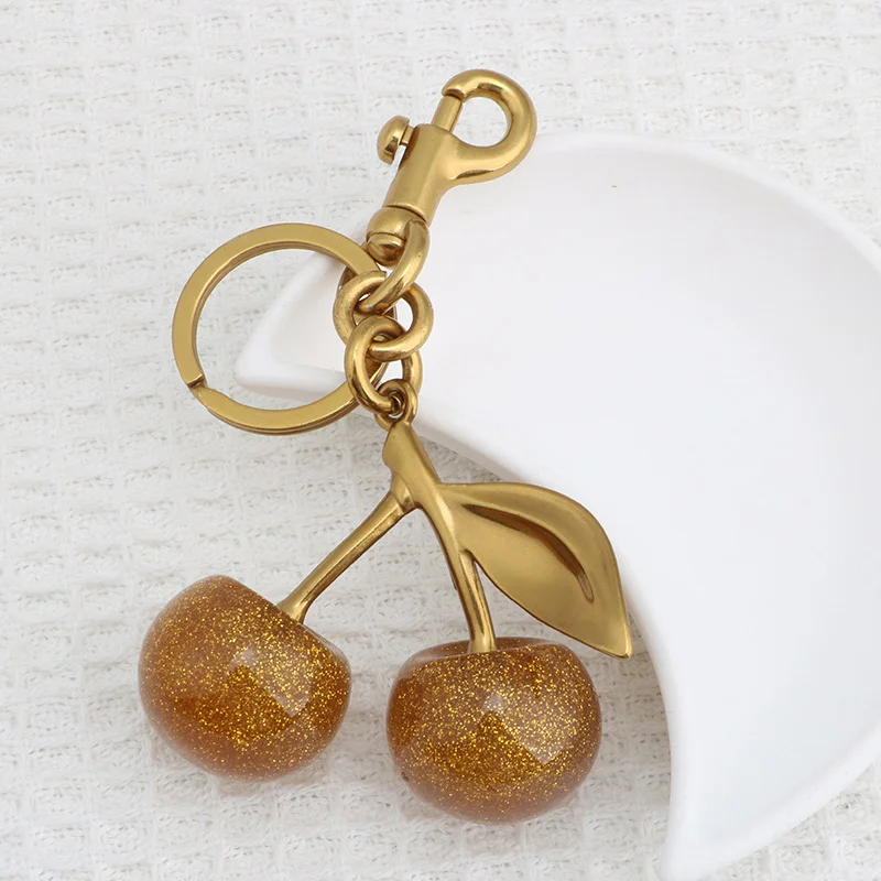 Sparkling Gold Cherry Pendant Ornament For Handbag Shoulder Bags Women's Purse Keychain Charm Festive Christmas Accessory