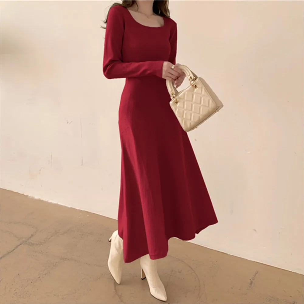 

2023 Spring Fashion Women's Knit Dresses Casual Long Sleeve Square Collar Vestidos Ladies Solid Party Dress