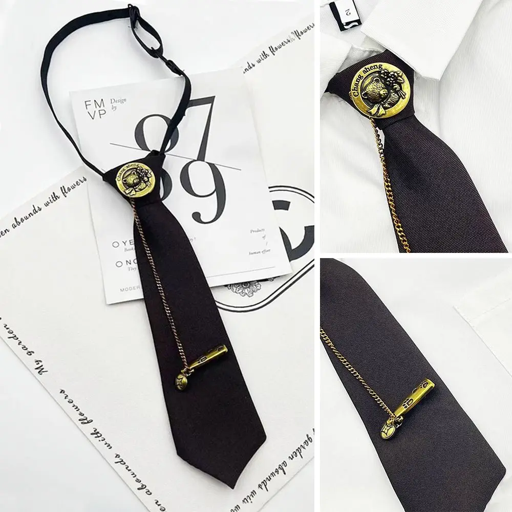 

Unisex Japanese Student Uniform Adjustable Pre Tied Necktie Vintage Preppy Metal Bear Brooch and Chain Neck Tie Neckwear