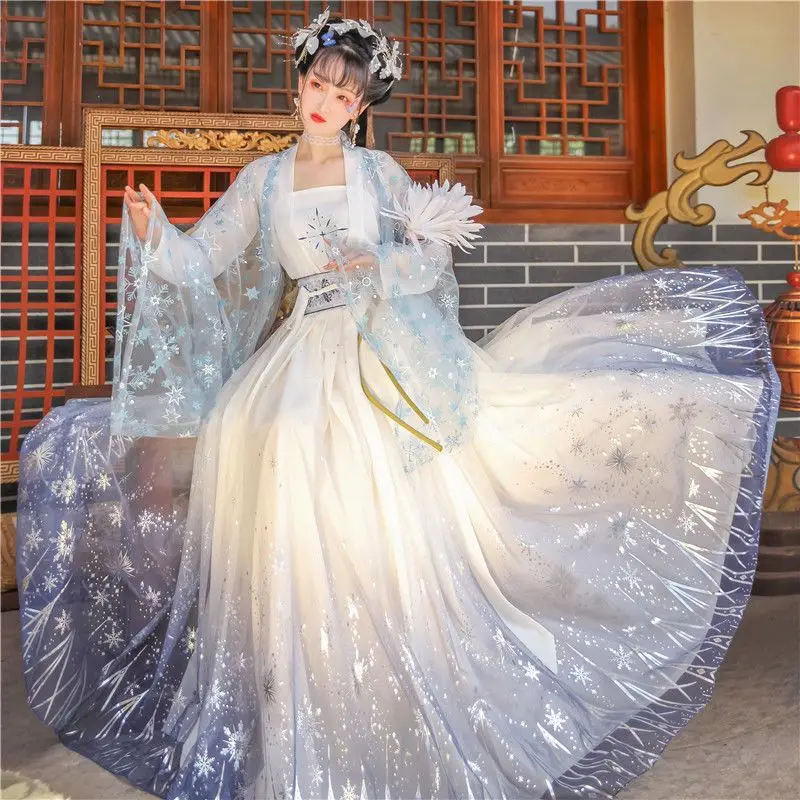 Chinese Hanfu Dress Women Carnival Cosplay Costume Ancient Traditional Hanfu Sets White Blue Dance Dress Plus Size XL
