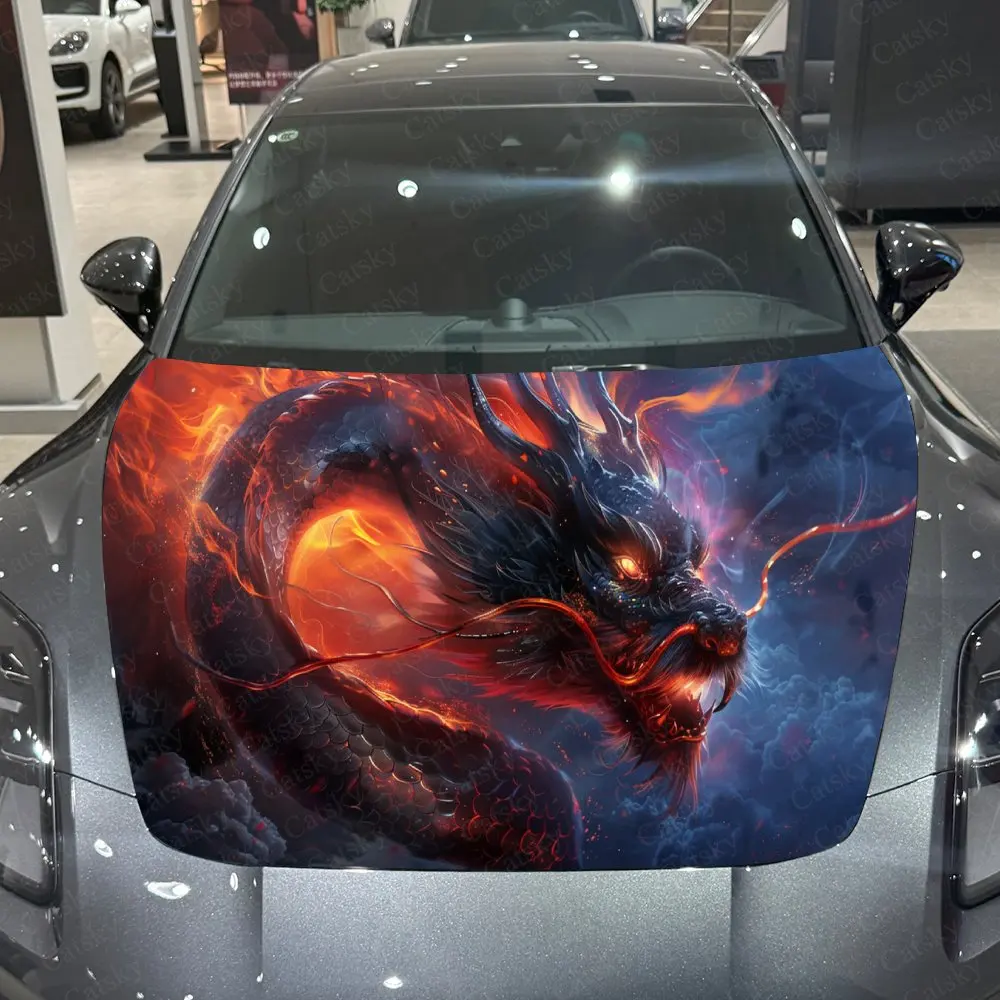

Fearsome Fiery Dragon Car Hood Stickers - Self-Adhesive, Waterproof and Durable Vinyl Wrap, Decorate And Protect Your Car - The