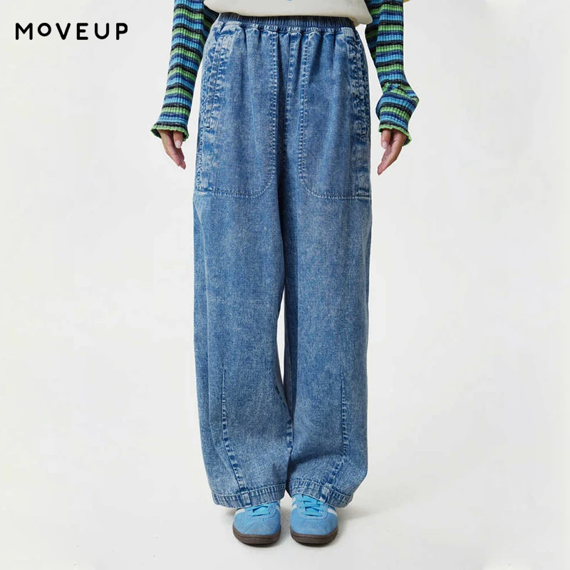 MOVEUP 100% Cotton Washed Denim Jeans Elastic Waist Color Block Panel Slant Pockets Pants Straight Casual Trousers 3ELQ40303