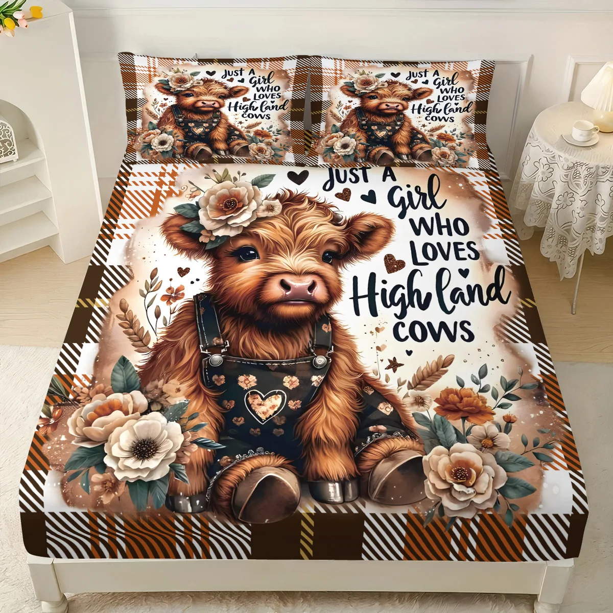 3pcs Cartoon Highland Cow Print Coreless Bed Sheet Set Multi Size Bedcover Bedroom Dormitory Bedding Decoration Machine Washable