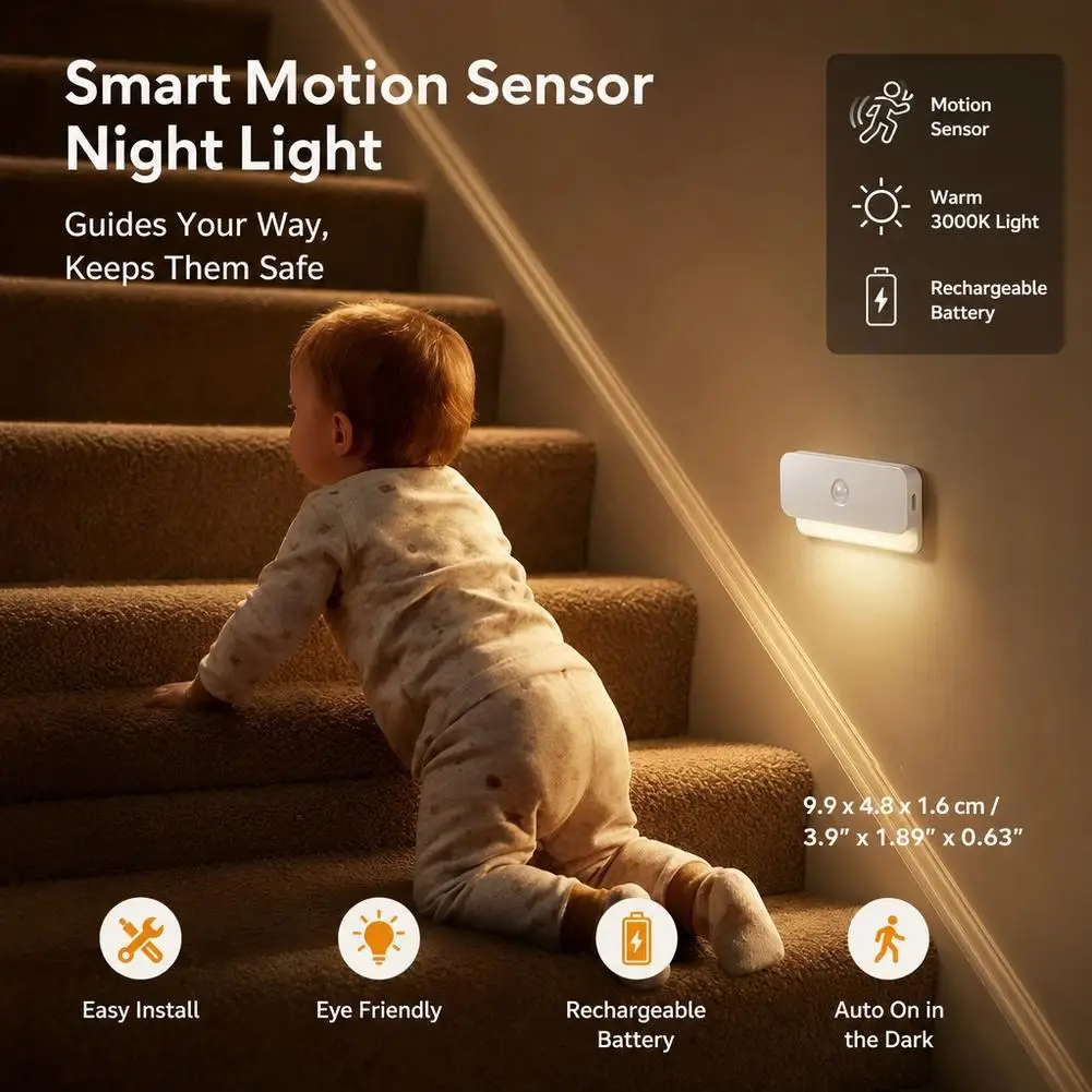 1pc Motion Sensor Night Light with Magnetic Mounting Base Wireless LED Detector Lamp for Bedroom Staircase Closet and Room