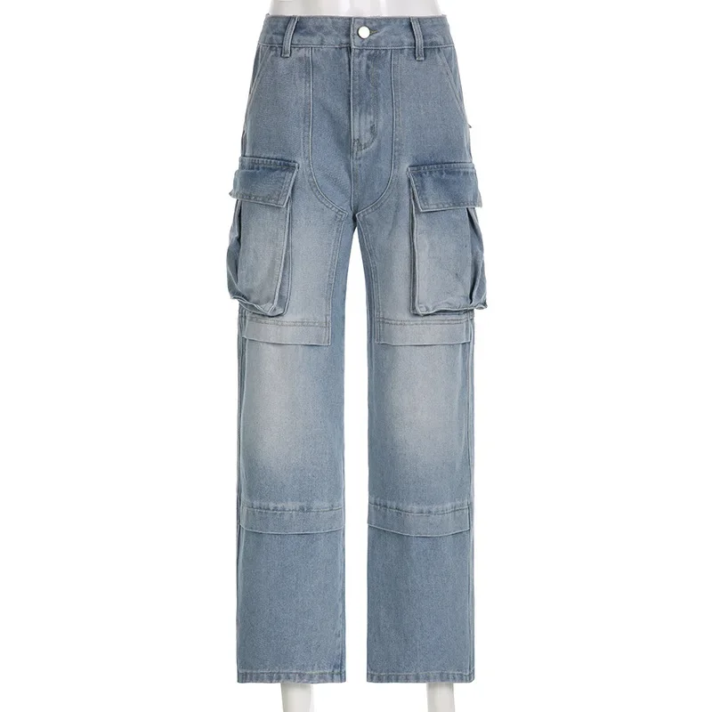 Pantalones vaqueros Cargo para mujer, pantalones vaqueros con lavado de cintura alta, bolsillos holgados, pantalones básicos de longitud completa, Color sólido, elásticos ligeros