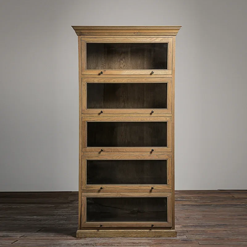 American rural solid wood retro bookcase French multi-functional glass door wine cabinet storage side cabinet living room all