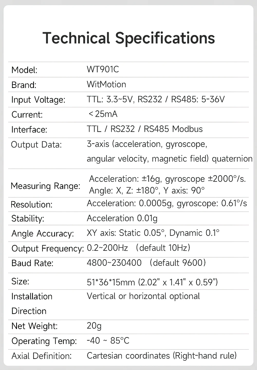 WitMotion WT901C High-Precision 9-Axis AHRS Inclinometer Accelerometer+Gyroscope+Angle+Magnet Field(XYZ), Provide PC/Android App