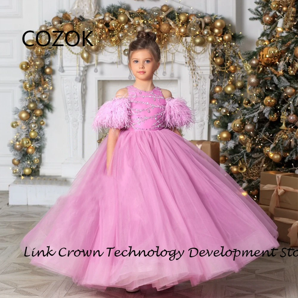 

COZOK Scoop Flower Girls Dresses with Feather A Line Christmas Dresses for Princess 2024 Summer New Sequined فستان عيد الميلاد