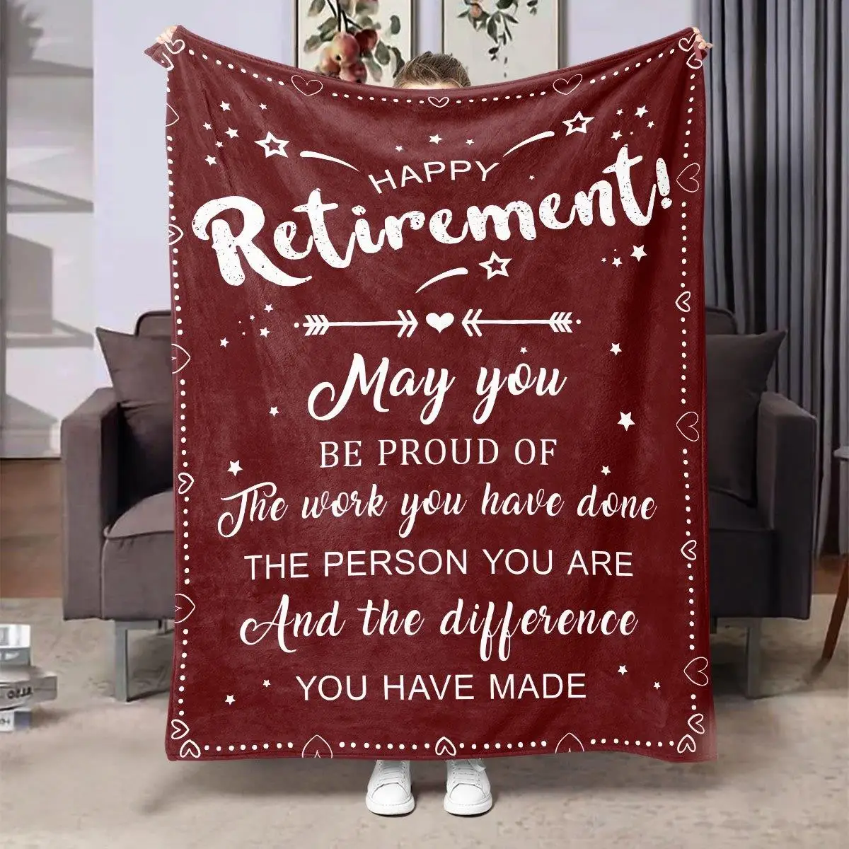 

Extra Large Retirement Gift Blanket - Heavy Duty 280g Flannel Blanket, Burgundy with Gold/White Stars and Heart Pattern