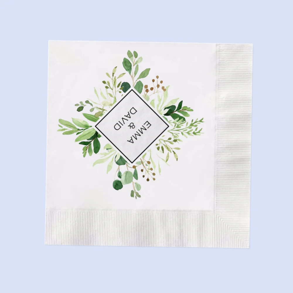 Personalized Cocktail Napkins, Wedding Greenery, White Beverage Napkins, Boho Outdoor Wedding, Custom, 50Pcs